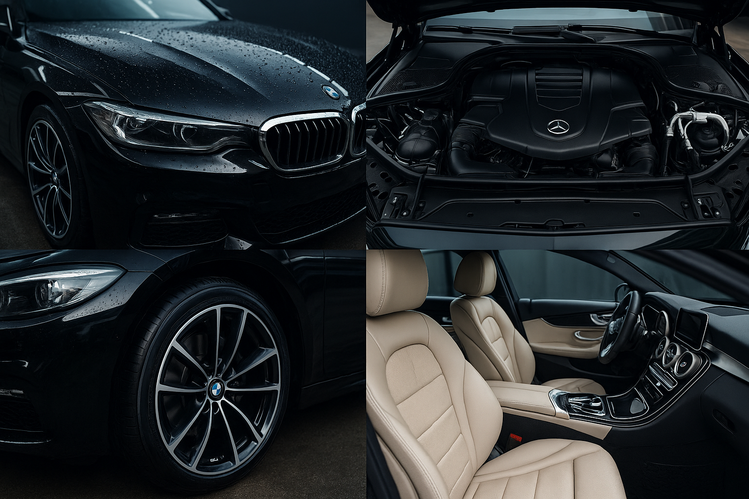 Luxury car details showing BMW exterior and Mercedes interior